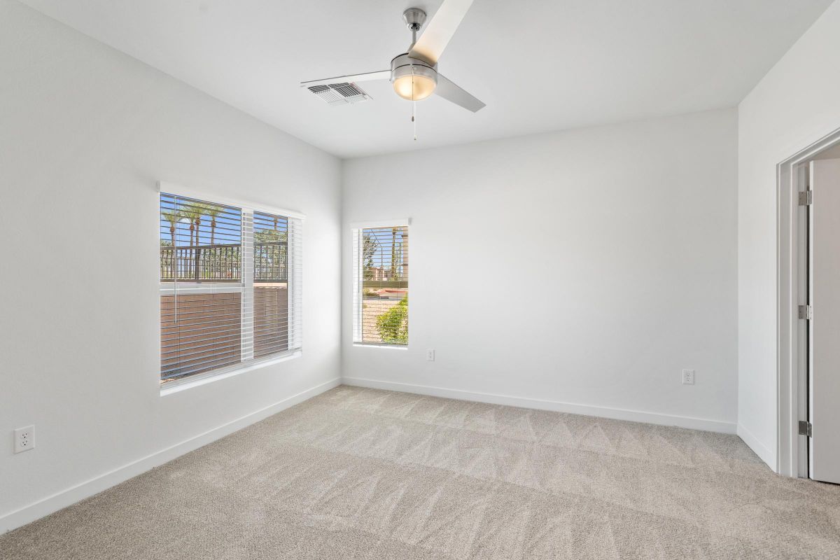 Bright, empty room with beige carpet, white walls, two windows, and a ceiling fan with light.